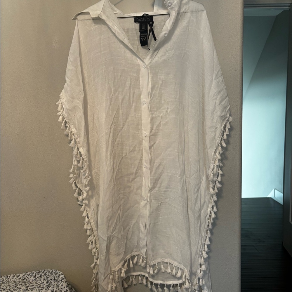 Rachel Zoe White Button-Front Tassel Poncho Tunic